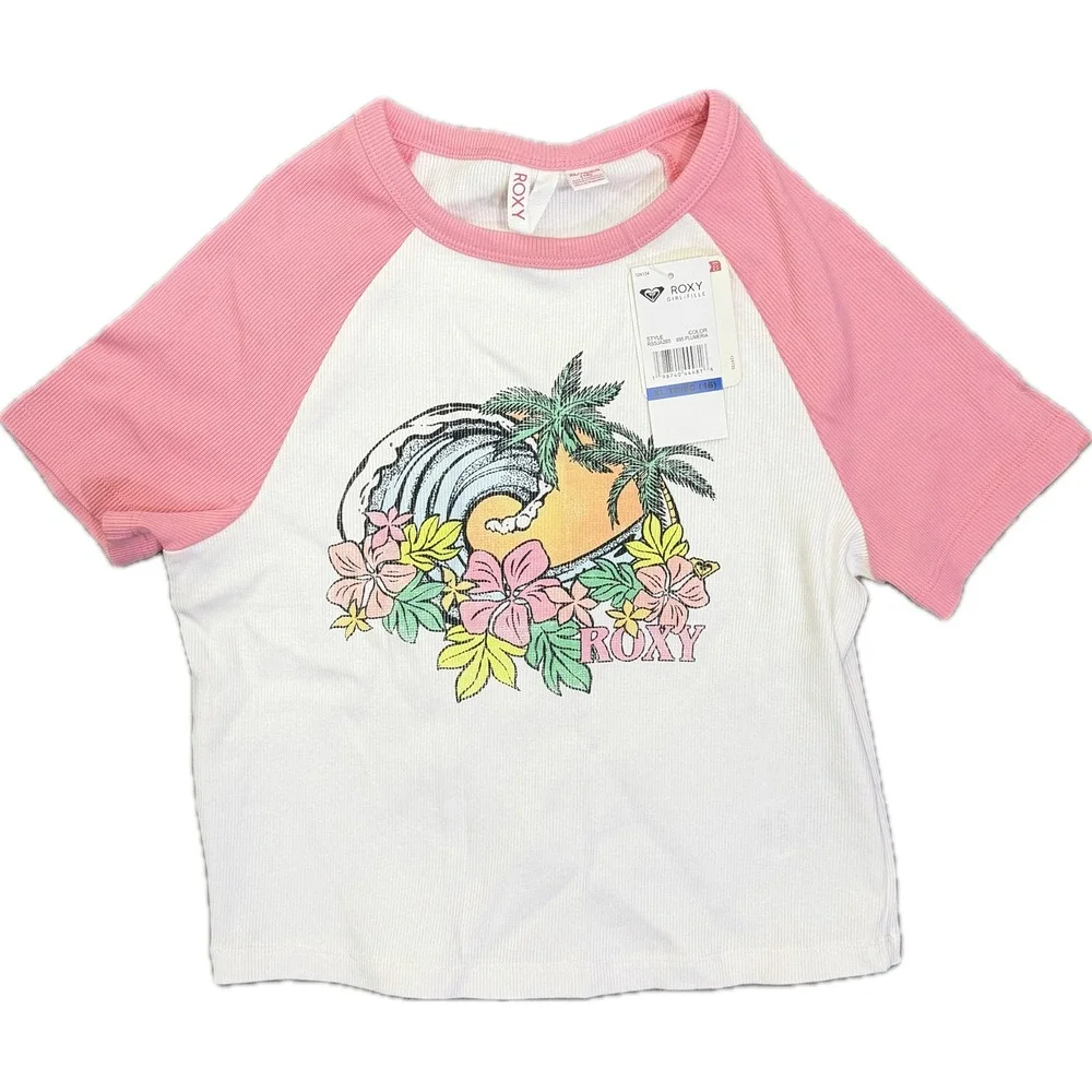 NWT Roxy Girls Plumeria Swell Ribbed Crew Neck Graphic T-Shirt Pink/White XL/16 - Picture 2 of 4